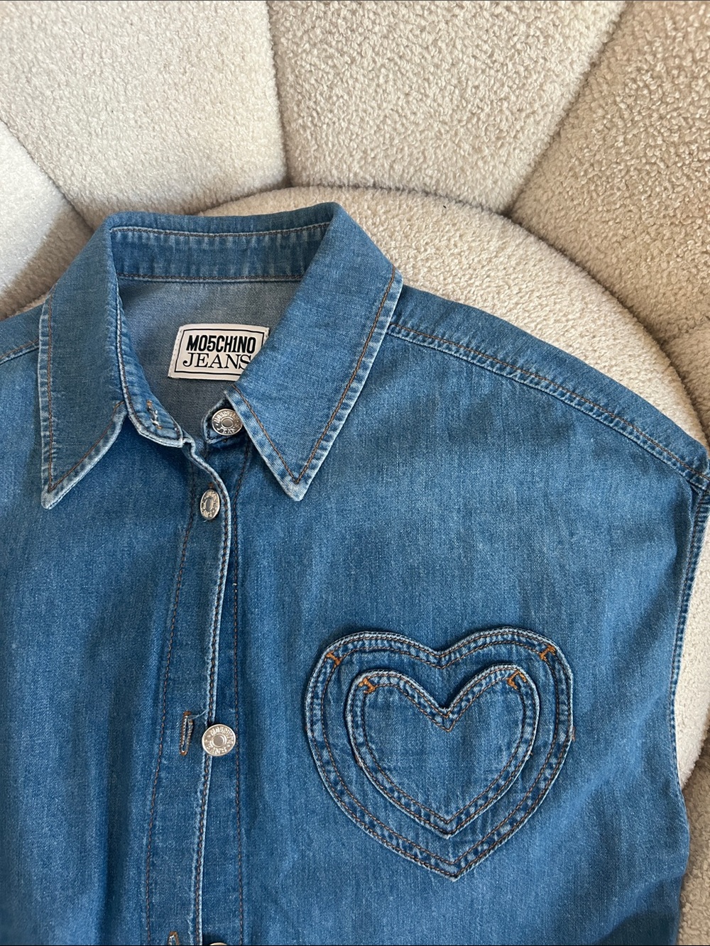 Moschino Blue Denim Button-Up Top with Heart Patch - Picture 2 of 3